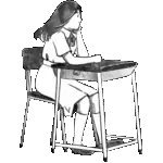 Ecolière à son pupitre, dessinée