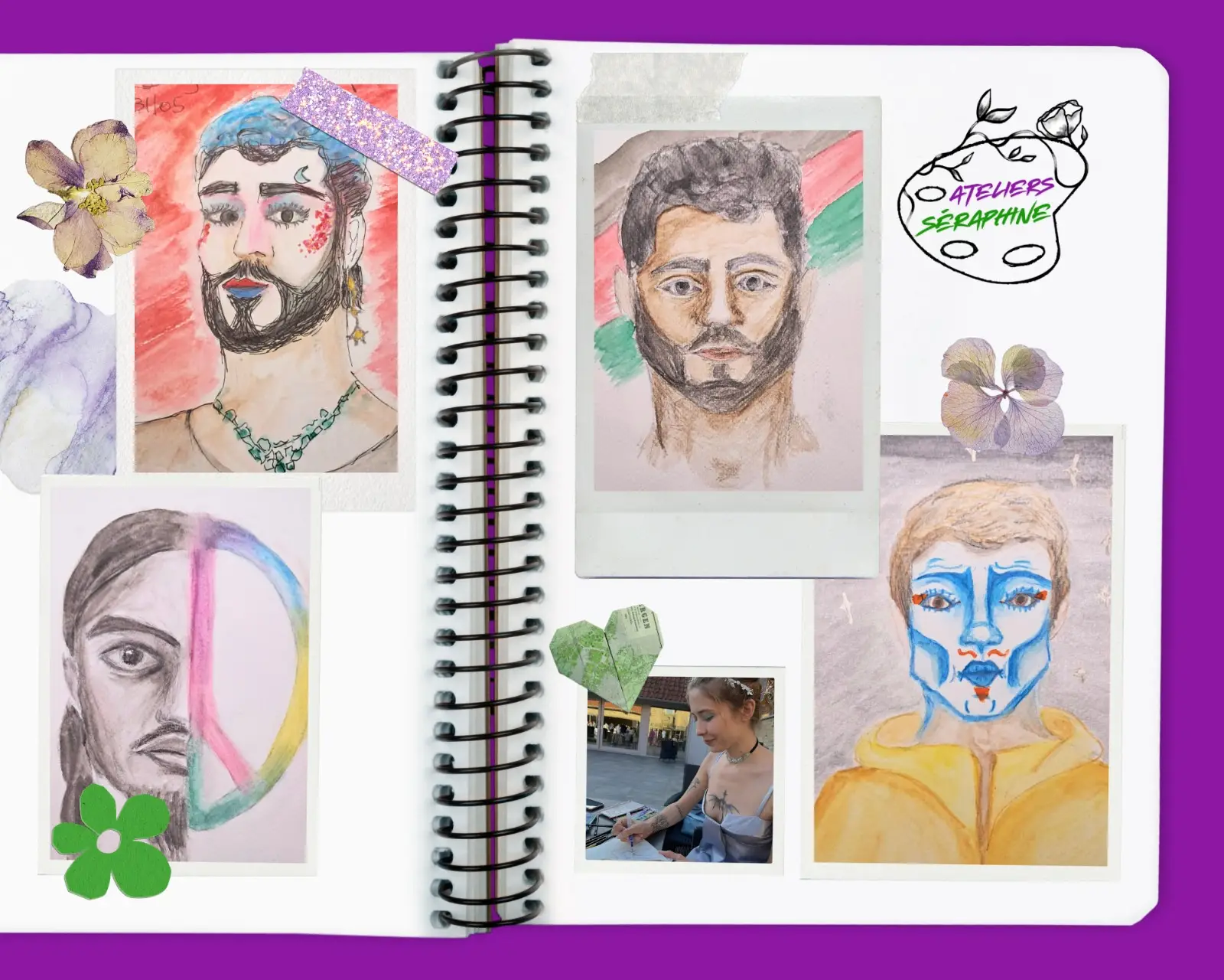 ouvrage à spirales avec montage des plusieurs portraits à l'aquarelle